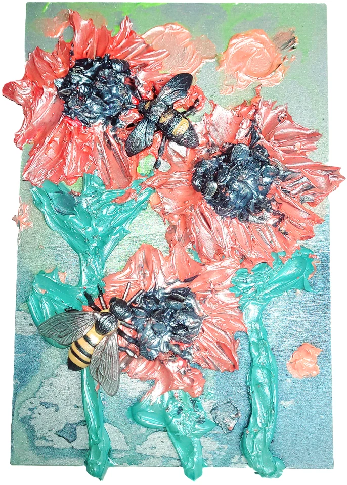 Girasol Impasto 3d pintado a mano sobre madera - acrílico grueso esculpido 11,8 por 7,9 Foto 1 de 1