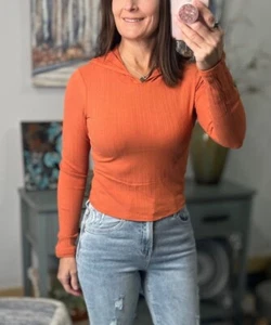 Sexy Ribbed Hoodie Cropped Crew Neck Long Sleeve Slim Fitted Shirt Top Orange - Picture 1 of 9