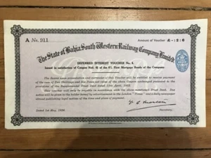 Voucher N°4: THE STATE OF BAHIA SOUTH WESTERN RAILWAY CY (BRESIL) (E1) - Picture 1 of 1