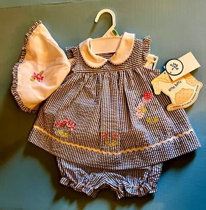 VINTAGE Little Bitty Dress Baby Girls Sz 3-6m Blue Seer Sucker Embroidery Floral - Picture 1 of 6