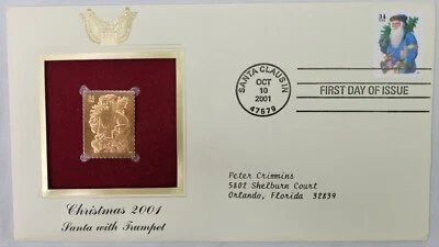 1st Day Issue 22kt Gold Stamp & Envelope - Christmas 2001 - Santa With Trumpet - Image 1 of 3