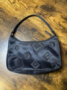 Vintage 90s Black Short Strap Mini Bag in Satin Fabric w Embroided Geometric - Picture 1 of 5
