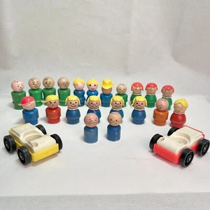 Vintage Fisher Price Little People Assorted Wooden Figure Lot of 21 + 2 Cars - Picture 1 of 13