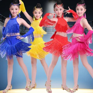 Kids Girls 2 Pcs Sequins Latin Dancewear Tassel Skirt Suit Performance Costume - Picture 1 of 11