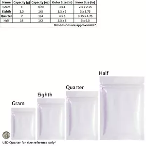 White Barrier Resealable Snack Storage Bags Gram Oz Eighth Quarter Half Size - Picture 1 of 4