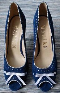 Blue White Ribbon Detail Open Toe Heels 3.5 Inch Size 39 - Picture 1 of 5