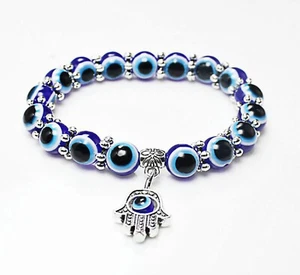 Lucky Fatima Hamsa Hand Blue Evil Eye Elastic Stretch Unisex Bracelet US SHIPPER - Picture 1 of 2