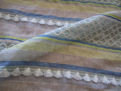 Wide Sheer Curtain Fabric Blue Green White Tassel Embroidered 3.77yds Coastal - Image 1 of 4