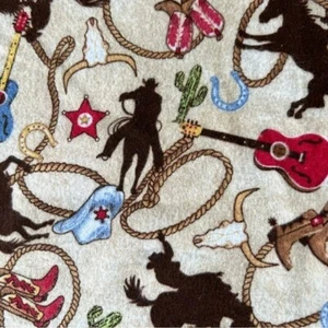 Retro Western Cowboy Rodeo Flannel Fabric Guitar Boot Rope Cactus Sheriff 42x106 - Picture 1 of 6