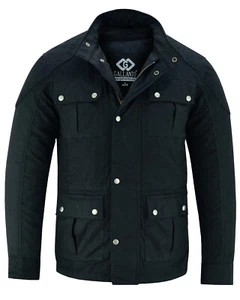 Men's Waterproof Classic Black Wax Cotton Motorcycle Jacket Textile Biker Armour - Picture 1 of 5