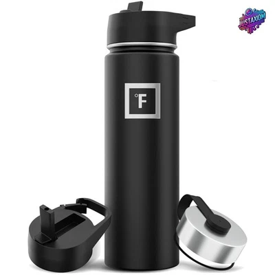 Изолированная колба для увлажнения из нержавеющей стали 22 унции с 3 герметичными крышками - черная - Изображение 1 из 4