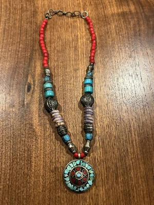 Vintage Tibetan Necklace Turquoise And Coral Ethnic Handmade Silver Jewelry Boho - Image 1 of 4