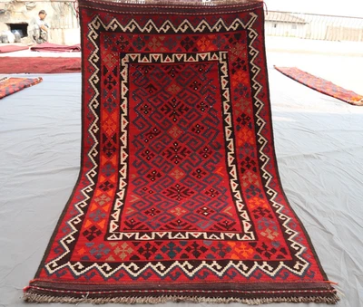 Alfombra Kilim Maimana Afgana 3x6 - Patrón Tribal Laberinto y Gancho - Rojo Brillante Hecho a Mano Foto 1 de 4