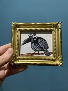 Skurriler Krähenrabe, Original Gemälde auf Papier, 3/4, gerahmt, Miniatur, klein, mini - Bild 1 von 5
