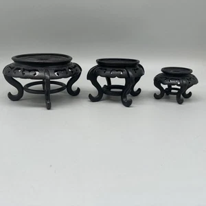 Set Of 3 Vintage Chinese Black Lacquer Wooden Pedestal Stands Small Medium Large - Picture 1 of 11