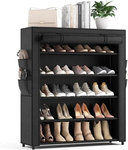Shoe Rack with Cover, 5 Tier Organizer Storage for 20-24 Pair Black - Picture 1 of 8