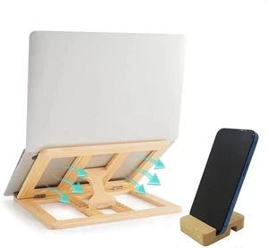 Wooden Laptop Stand for Desk with Free Phone Holder, Foldable and Adjustable Erg - Picture 1 of 12