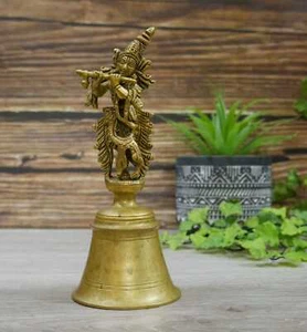 Vintage Handmade Lord Krishna Brass Bell - Hinduism Puja Fluting Krishna Bell - Picture 1 of 10