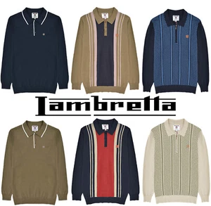 Mens Lambretta Polo Knitted Long Sleeve 1/4 Zip & Button Stripe Jumper Cotton - Picture 1 of 41