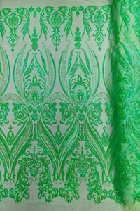 Big Damask Fabric Lime Green Iridescent Embroidered Design Lace Mesh Fabric Yard - Picture 1 of 5