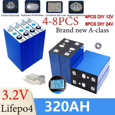 8/4PCS 3.2V LiFePO4 Lithium Ion Battery Cell 11000+ Cycle 320Ah Lifepo4 DIY 24V - Image 1 of 4