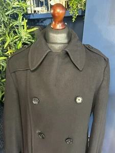 Aquascutum Double Breasted Pea Coat Overcoat Wool Black Mens 44R Terraces - Picture 1 of 8