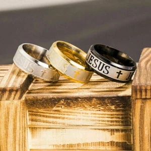 Stainless Steel Band Ring Wedding Prayer Titanium 8mm Christian Jesus Men Cross - Picture 1 of 15