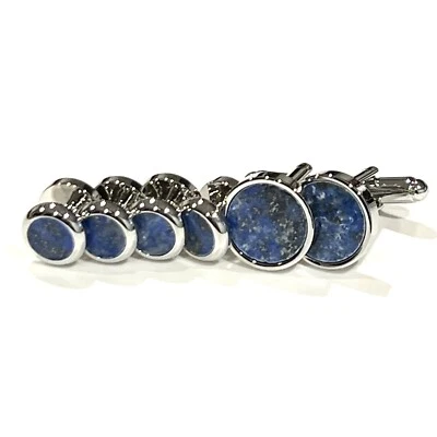 Conjunto de gemelos redondos de lapislázuli y camisa de vestir con tachuelas para hombres esenciales de boda Foto 1 de 4