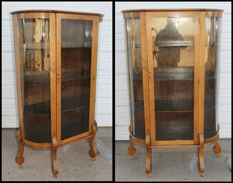 Antique Golden Tiger Oak Curved Glass Curio China Cabinet Empire Scroll Feet OLD Cover