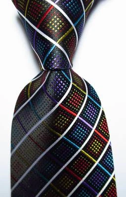New Classic Checks Black White Red Blue JACQUARD WOVEN Silk Men's Tie Necktie - Image 1 of 2
