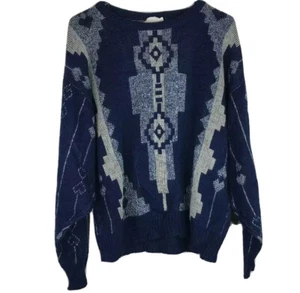 Vintage Men’s Main Event 100% Acrylic Blue Gray Aztec Geometric Pattern Sweater - Picture 1 of 7