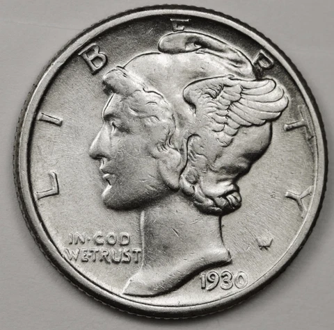 1930-p Mercury Dime. 40% Full Separated Horizontal Bands. High Grade. (Inv. F) Cover