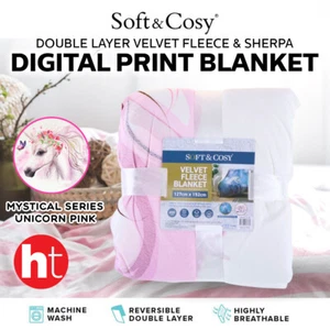 Soft & Cosy Double Layer Velvet Fleece & Sherpa Digital Print Blanket Pink Blue - Picture 1 of 22