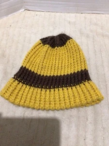 Vintage Handarbeit Strickmütze gelb mit braunen Streifen - Bild 1 von 4