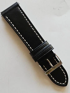 24mm - Black / White Stitches Leather Watch Band - ( Stainless Steel Buckle ) - Picture 1 of 4