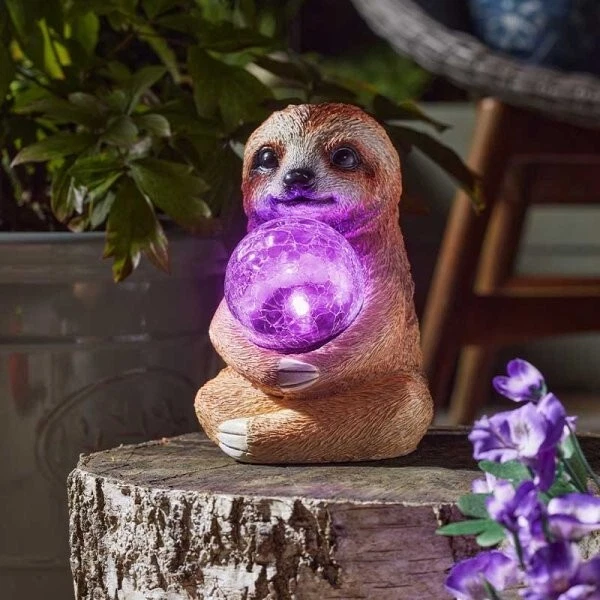 Solar Sloth Garden Ornament Statue Light Up Crackle Ball LED Decoration Lighting - Image 1 of 4