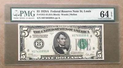 1928A $5 FRN St. LOUIS  Big8Numeric FR 1951-H ~ PMG 64 EPQ  Ser# H 0749 5699 A - Image 1 of 3