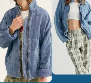 Free People Gr. Medium blau Denim Oversized gesteppte Dolman Jacke Freizeit NEU - Bild 1 von 16