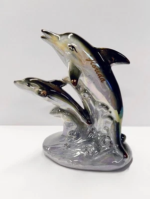 Estatuilla de delfín de cerámica vintage Lusterware Florida Two Blue Dolphins Foto 1 de 4