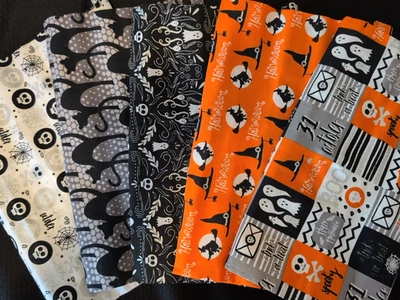 5 Halloween Fat Quarters Set 100%Cotton 18" x 21" Hallow Witches Black Cats - Image 1 of 4