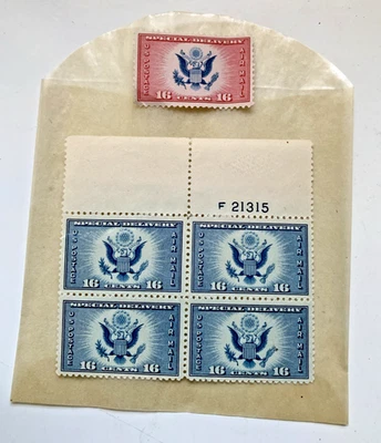 US Mint Stamps Air Special Delivery 16c Block of 4 w/salvage Blue + 1 Red [8-7 - Image 1 of 2