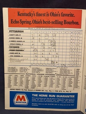 May 1 1970 Cincinnati Reds VS Pittsburgh Pirates Scorecard Pete Rose Perez MLB - Image 1 of 4