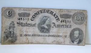 1864 Confederate $100 Bill Tape/Pin holes - Picture 1 of 2