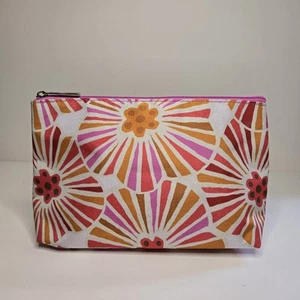 Vintage Clinique Fabric Cosmetic Bag Travel Pouch Orange Pink Mod Flowers Zipper - Picture 1 of 13
