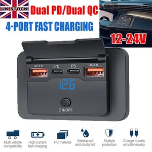 Car PD QC3.0 USB 4 Port Fast Charger 12V-24V Socket Power Outlet Panel Charger - Zdjęcie 1 z 16