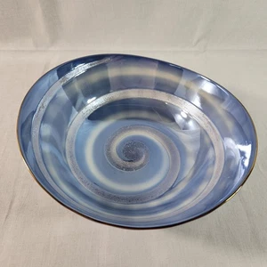Japanische Keramik Wirbelschale blau weiß länglicher Rand * Fuß glänzend Innenfuß - Bild 1 von 16