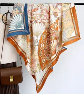 100%Mulberry Silk Flower Bird Folding Fan Double sided Printed Square Towel110cm - Picture 1 of 7