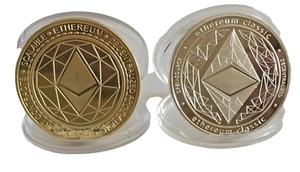 (ETH) (ETC) Criptomoneda física chapada en oro/plata recuerdo y coleccionable 2 piezas - Imagen 1 de 4