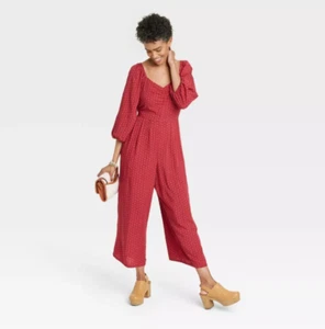 Knox Rose Women's S Puff 3/4 Sleeve Loose Casual Jumpsuit Straight Fit Red Dot - Picture 1 of 5