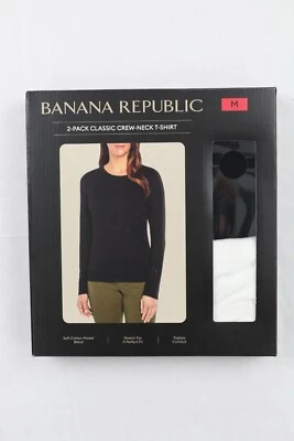 Paquete de 2 camisetas clásicas de manga larga con cuello redondo blancas negras de Banana Republic para mujer M Foto 1 de 4